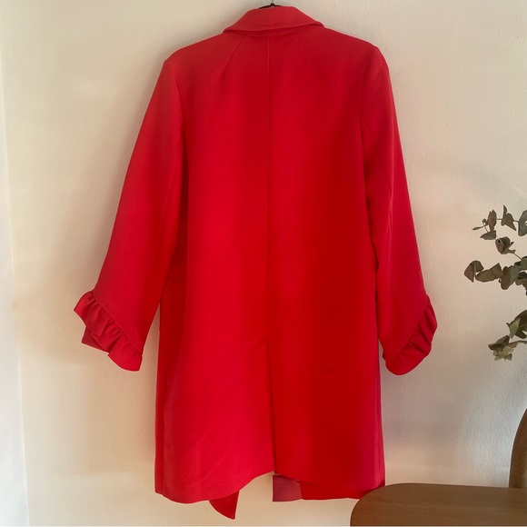 ASOS DESIGN Petite Frill Bonded Red Pink Ruffle Double Breasted Trench Coat 6 - Picture 7 of 14